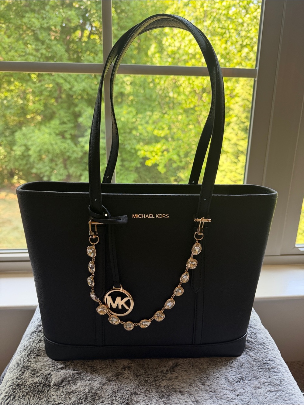 Michael Kors Black Saffiano Leather Tote with Gold MK Charm